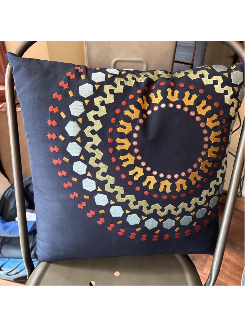 PIER 1 IMPORTS Throw Pillow Aztec Boho Sunburst Embroidery Navy Background